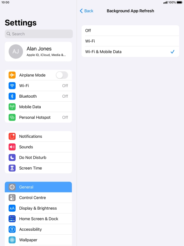 To turn off background refresh of apps, press Off. To turn off background refresh of apps, press Off.