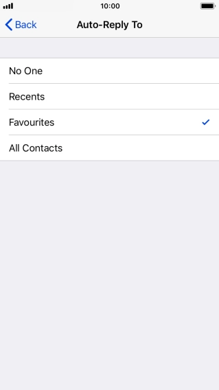 Press the required setting to select which contacts should automatically be notified that Do Not Disturb While Driving is turned on.