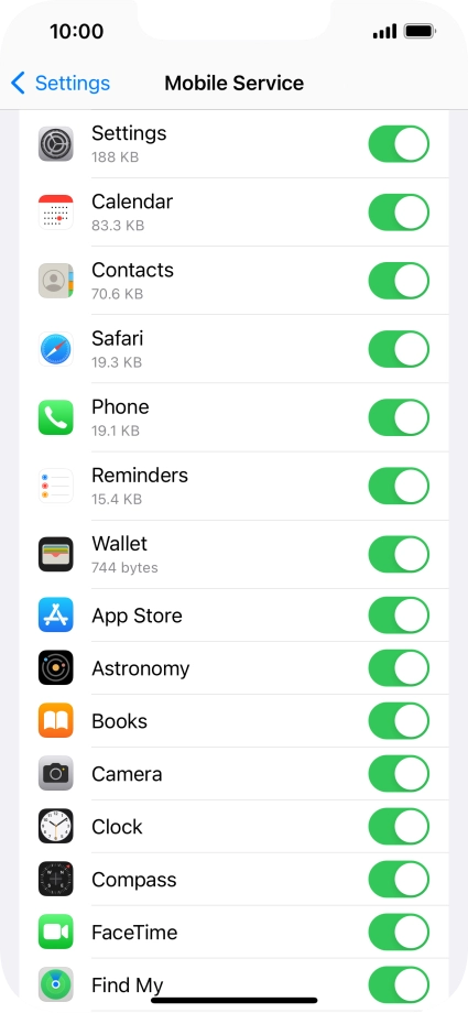 Press the indicators next to the required applications to turn the function on or off.