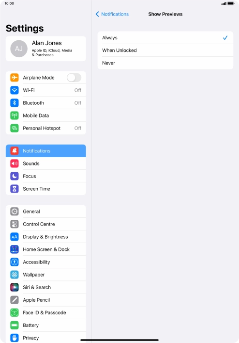 To select notification preview on the lock screen, press Always.