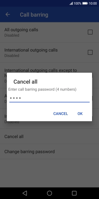 Key in your barring password and press OK. The default barring password is 0000.