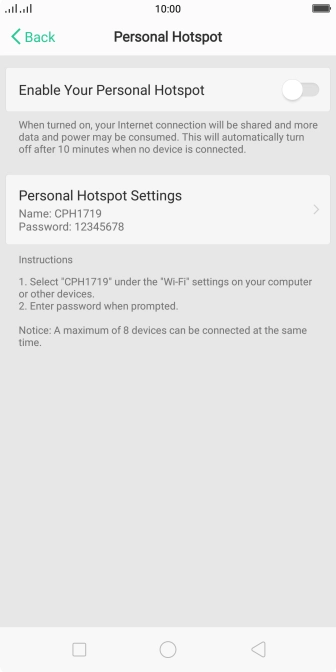 Press Personal Hotspot Settings. Press Personal Hotspot Settings.