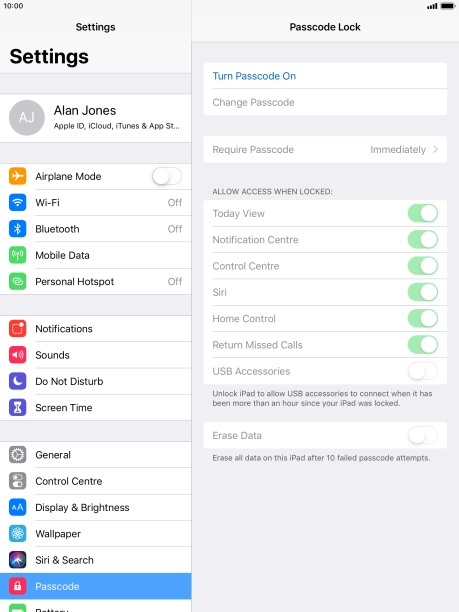 Press Turn Passcode On and key in a lock code of your own choice twice.