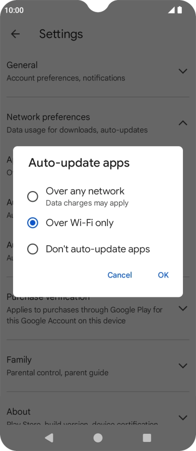 To turn on automatic update of apps using mobile network, press Over any network.