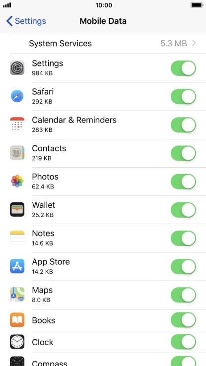 The data usage for each application is displayed below the name of the application. The data usage for each application is displayed below the name of the application.
