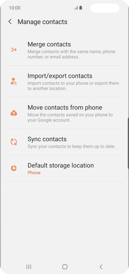 Press Import/export contacts. Press Import/export contacts.
