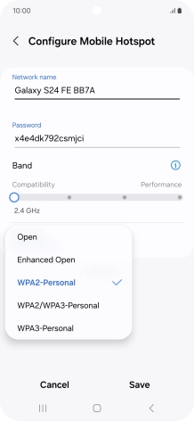 Press WPA3-Personal to password protect your Wi-Fi hotspot.