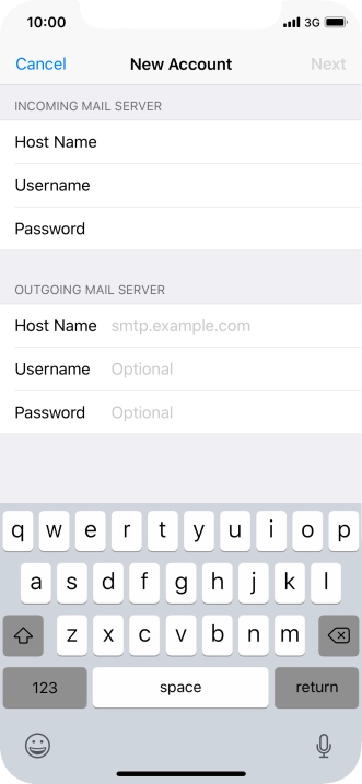 Press Host Name and key in the name or IP address of your email provider's outgoing server. Please note that if you can't send email messages when using your email provider's outgoing server, key in smtp.vodafone.net.au (Vodafone's outgoing server). Press Host Name and key in the name or IP address of your email provider's outgoing server. Please note that if you can't send email messages when using your email provider's outgoing server, key in smtp.vodafone.net.au (Vodafone's outgoing server).