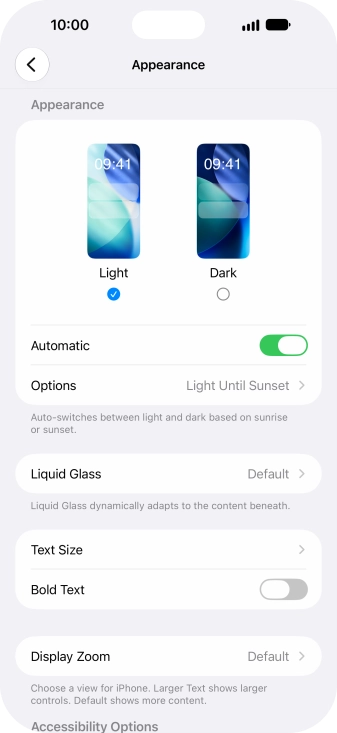 If you turn on the function, press Options and follow the instructions on the screen to select the required period of time for Dark Mode. If you turn on the function, press Options and follow the instructions on the screen to select the required period of time for Dark Mode.