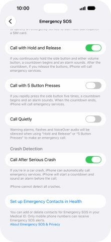 Press Set up Emergency Contacts in Health and follow the instructions on the screen to key in your emergency info and emergency contacts. Press Set up Emergency Contacts in Health and follow the instructions on the screen to key in your emergency info and emergency contacts.