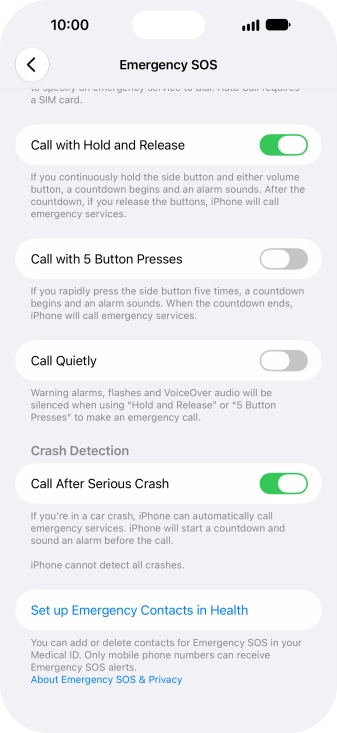 Press Set up Emergency Contacts in Health and follow the instructions on the screen to key in your emergency info and emergency contacts. Press Set up Emergency Contacts in Health and follow the instructions on the screen to key in your emergency info and emergency contacts.
