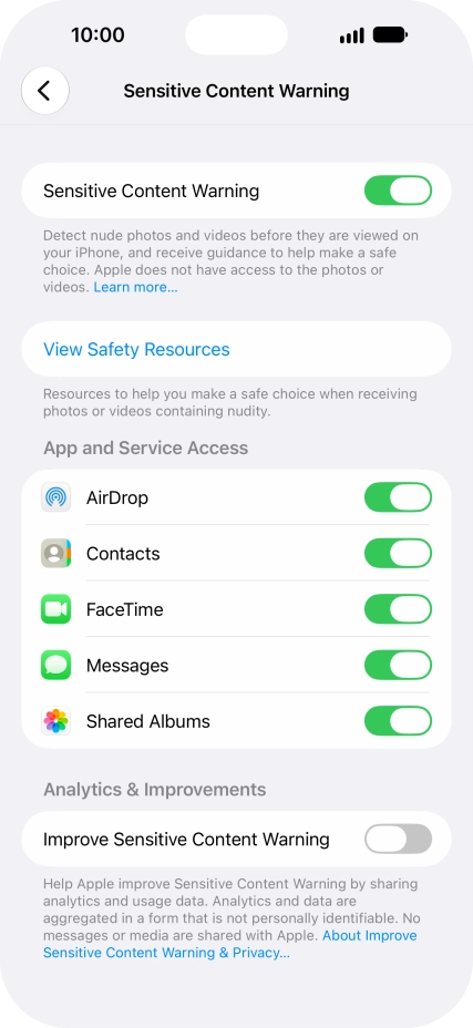 Press the indicators next to the required applications to turn the function on or off.