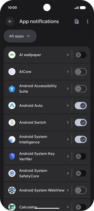 Press the indicator next to the required apps to turn the function on or off. Press the indicator next to the required apps to turn the function on or off.
