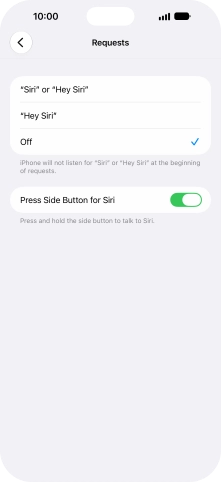 Press the required setting to turn the function on or off. If you turn on the function, you need to follow the instructions on the screen to set up Siri to recognise your voice.