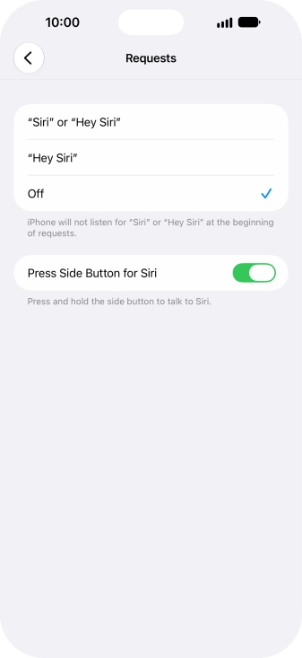 Press the required setting to turn the function on or off. If you turn on the function, you need to follow the instructions on the screen to set up Siri to recognise your voice.