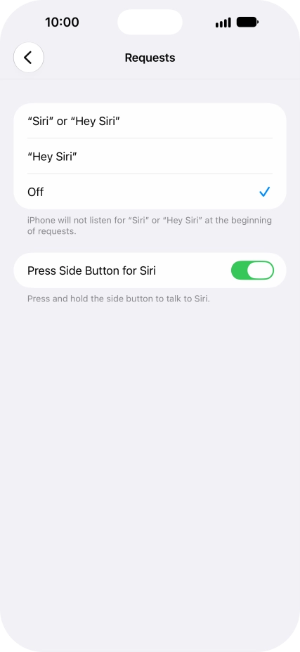 Press the required setting to turn the function on or off. If you turn on the function, you need to follow the instructions on the screen to set up Siri to recognise your voice.