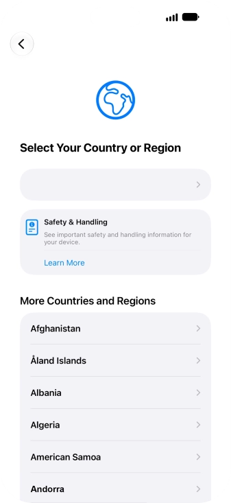 Press the required country or area. Press the required country or area.