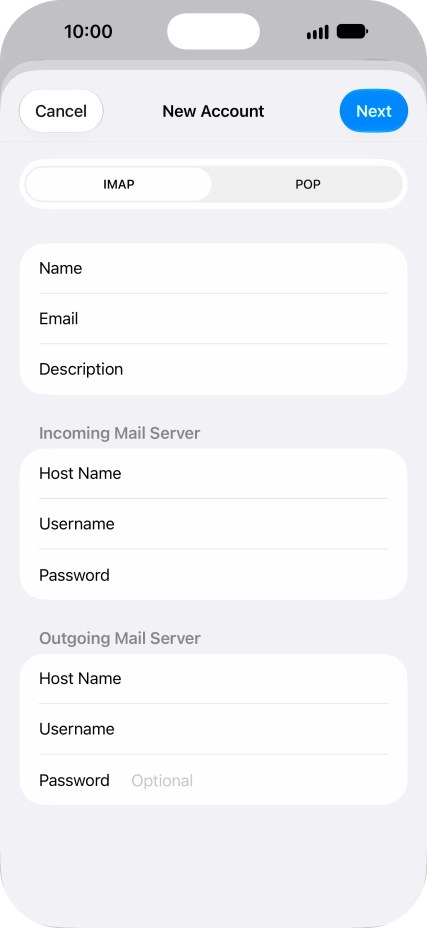 Press Password and key in the password for your email account. Please note that if you're using Vodafone's outgoing server, leave the password field empty.