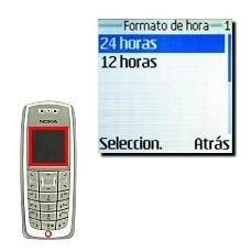 Elija 24 horas o 12 horas y pulse Seleccion..El formato seleccionado se confirma en la pantalla.