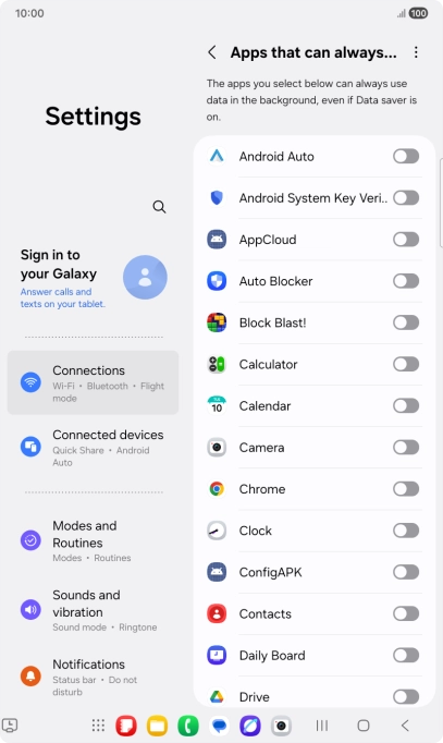 Press the indicators next to the required apps to turn the function on or off.