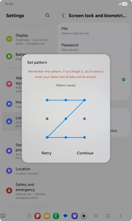 Slide your finger across the screen to connect at least four points and press Continue. Slide your finger across the screen to connect at least four points and press Continue.