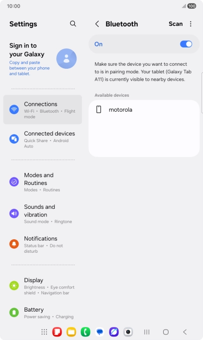 Press the required Bluetooth device and follow the instructions on the screen to pair the device with your tablet. Press the required Bluetooth device and follow the instructions on the screen to pair the device with your tablet.