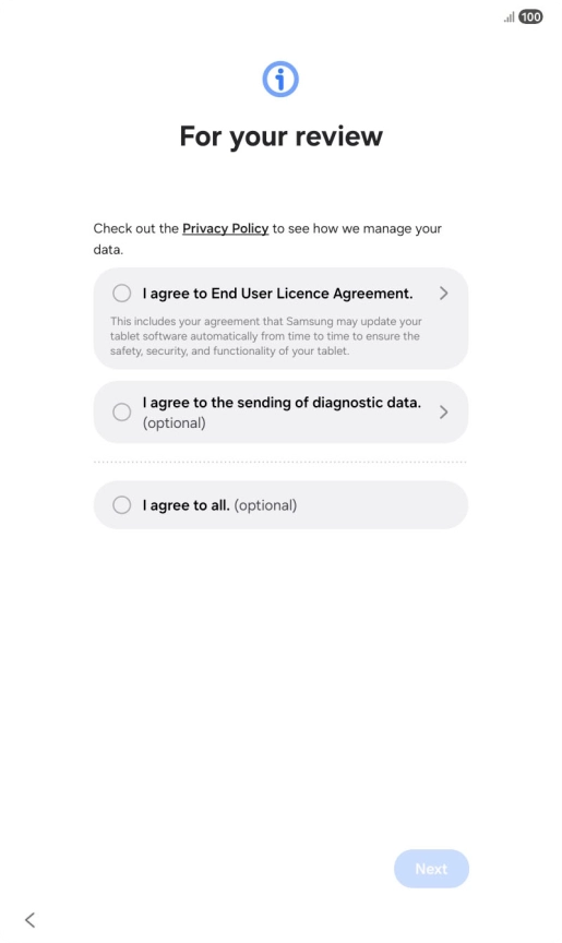 Press the fields next to the required settings to select them. Press the fields next to the required settings to select them.