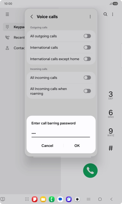 Key in your barring password and press OK. The default barring password is 1919.