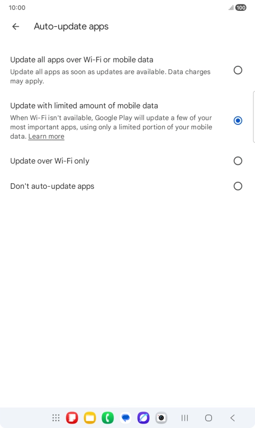 To turn on automatic update of apps using mobile network, press Update all apps over Wi-Fi or mobile data.