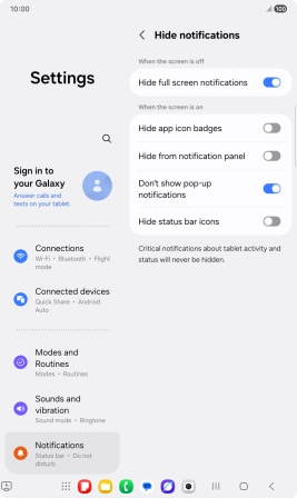 Press the indicators next to the required settings to turn display of the selected notification types on or off.
