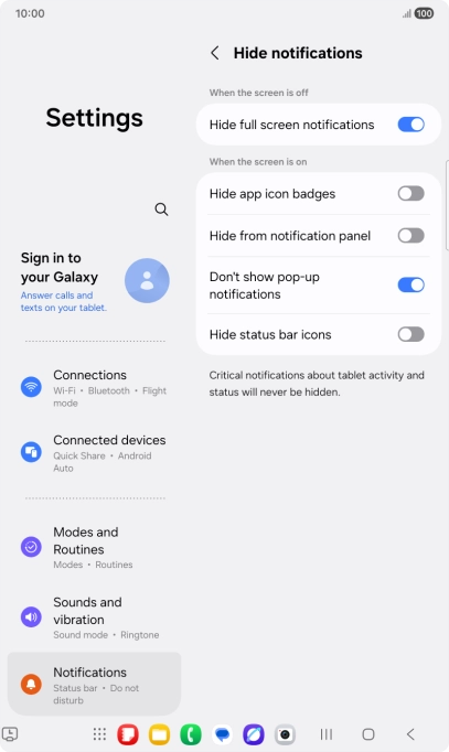 Press the indicators next to the required settings to turn display of the selected notification types on or off.