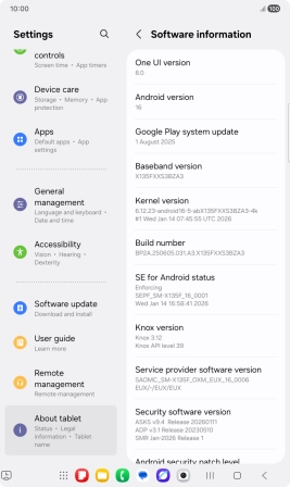 Your tablet's software version is displayed below Android version.