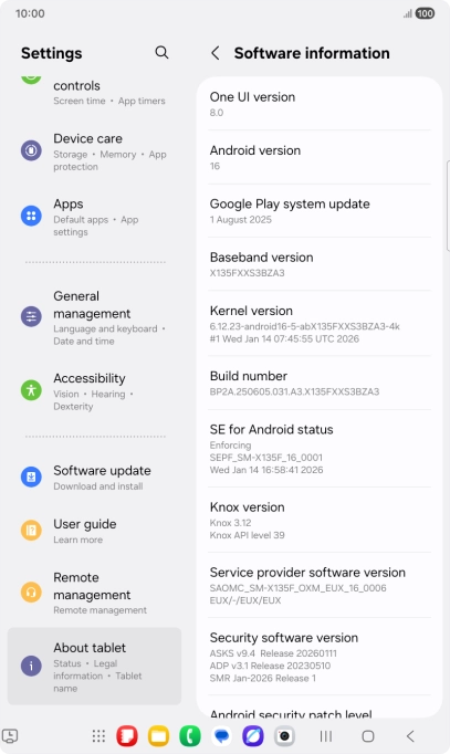 Your tablet's software version is displayed below Android version.