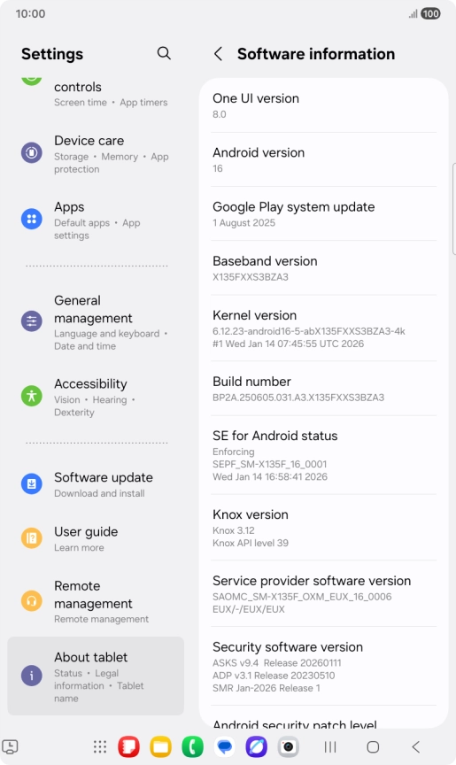 Your tablet's software version is displayed below Android version.