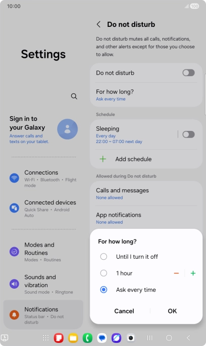 Press the required setting.