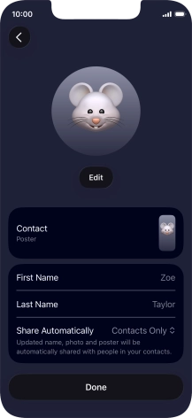 Press the name fields and follow the instructions on the screen to edit your name on the Contact Poster.
