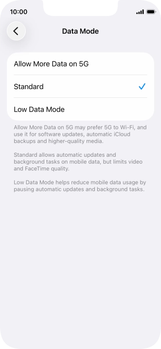 Press the required setting.