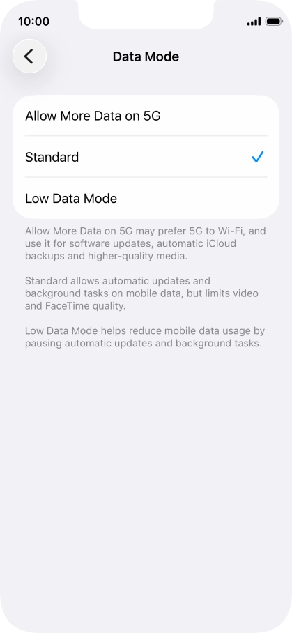 Press the required setting.