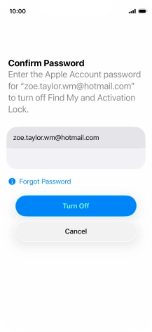 Key in the password for your Apple Account and press Turn Off. Wait a moment while the factory default settings are restored. Follow the instructions on the screen to set up your phone and prepare it for use.