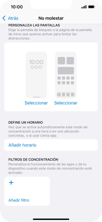 Pulsa Añadir horario y sigue las indicaciones de la pantalla para seleccionar los ajustes de la activación automática de No molestar.
