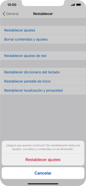Pulsa Restablecer ajustes. Espera unos instantes mientras el teléfono restablece la configuración predeterminada. Sigue las indicaciones de la pantalla para configurar el teléfono y dejarlo listo para su uso. Pulsa Restablecer ajustes. Espera unos instantes mientras el teléfono restablece la configuración predeterminada. Sigue las indicaciones de la pantalla para configurar el teléfono y dejarlo listo para su uso.