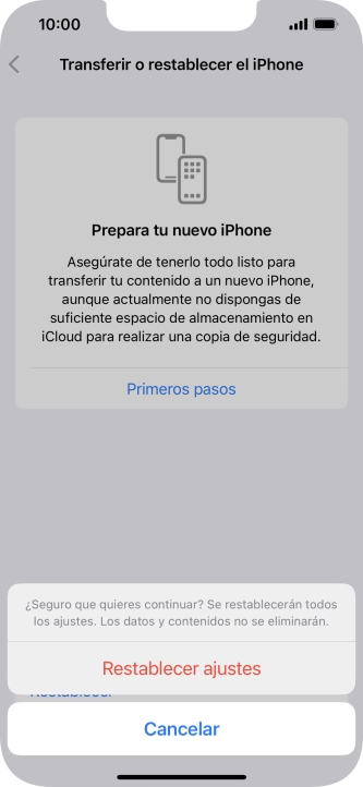Pulsa Restablecer ajustes. Espera unos instantes mientras el teléfono restablece la configuración predeterminada. Sigue las indicaciones de la pantalla para configurar el teléfono y dejarlo listo para su uso. Pulsa Restablecer ajustes. Espera unos instantes mientras el teléfono restablece la configuración predeterminada. Sigue las indicaciones de la pantalla para configurar el teléfono y dejarlo listo para su uso.
