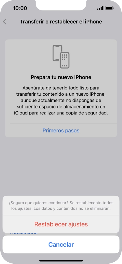 Pulsa Restablecer ajustes. Espera unos instantes mientras el teléfono restablece la configuración predeterminada. Sigue las indicaciones de la pantalla para configurar el teléfono y dejarlo listo para su uso. Pulsa Restablecer ajustes. Espera unos instantes mientras el teléfono restablece la configuración predeterminada. Sigue las indicaciones de la pantalla para configurar el teléfono y dejarlo listo para su uso.