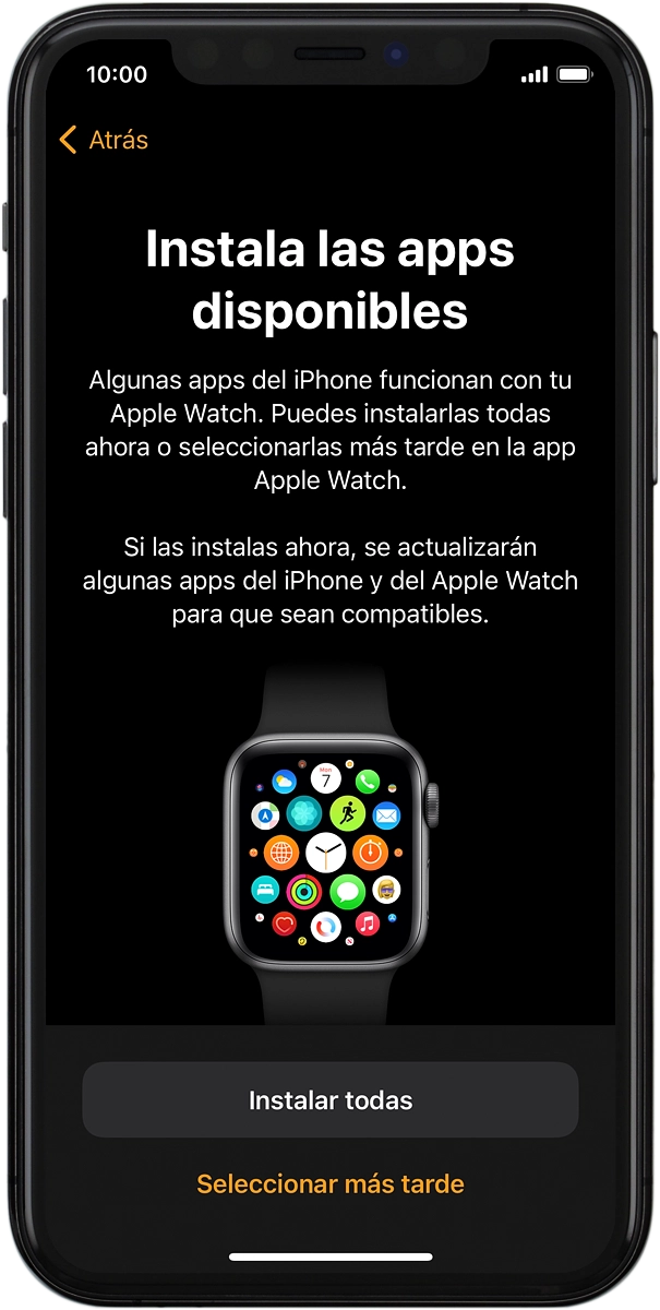 En el teléfono: Pulsa Instalar todas para instalar apps compatibles desde el teléfono a tu Apple Watch. Espera unos instantes mientras se instalan las apps.