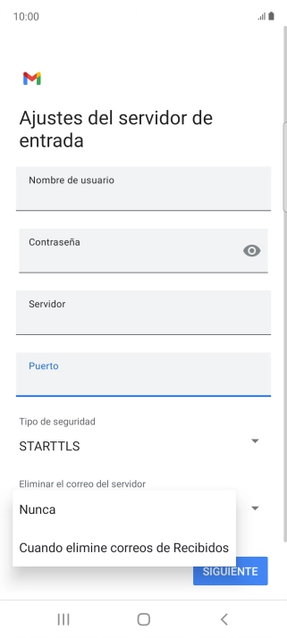 Pulsa Nunca para conservar los correos electrónicos en el servidor cuando los borras del teléfono. Pulsa Nunca para conservar los correos electrónicos en el servidor cuando los borras del teléfono.