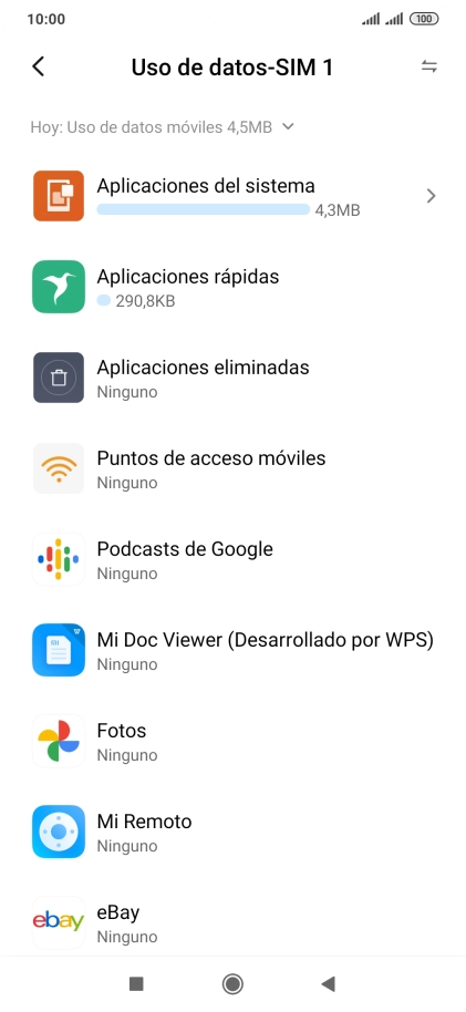 El consumo de datos por cada aplicación aparece bajo el nombre de la aplicación. El consumo de datos por cada aplicación aparece bajo el nombre de la aplicación.