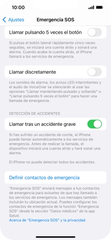 Pulsa Definir contactos de emergencia y sigue las indicaciones de la pantalla para insertar la información y tus contactos de emergencia. Pulsa Definir contactos de emergencia y sigue las indicaciones de la pantalla para insertar la información y tus contactos de emergencia.