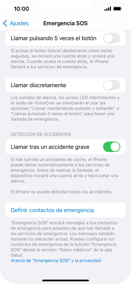 Pulsa Definir contactos de emergencia y sigue las indicaciones de la pantalla para insertar la información y tus contactos de emergencia. Pulsa Definir contactos de emergencia y sigue las indicaciones de la pantalla para insertar la información y tus contactos de emergencia.