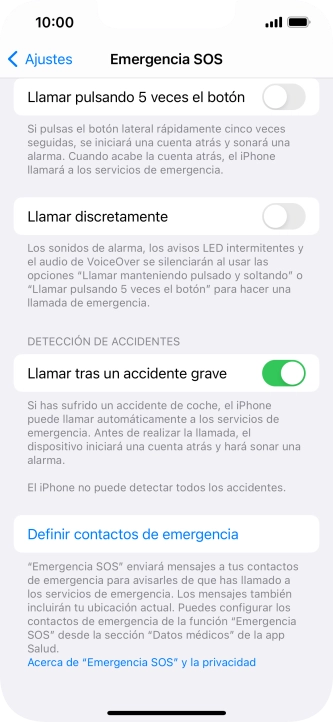 Pulsa Definir contactos de emergencia y sigue las indicaciones de la pantalla para insertar la información y tus contactos de emergencia. Pulsa Definir contactos de emergencia y sigue las indicaciones de la pantalla para insertar la información y tus contactos de emergencia.