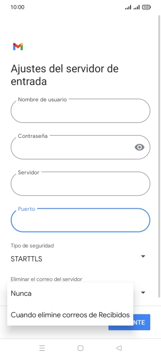 Pulsa Nunca para conservar los correos electrónicos en el servidor cuando los borras del teléfono. Pulsa Nunca para conservar los correos electrónicos en el servidor cuando los borras del teléfono.